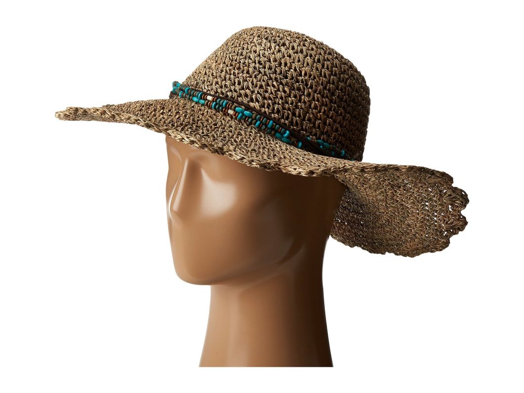 Straw Floppy Brim Crochet Seagrass Hat Leather Hatband with Beads