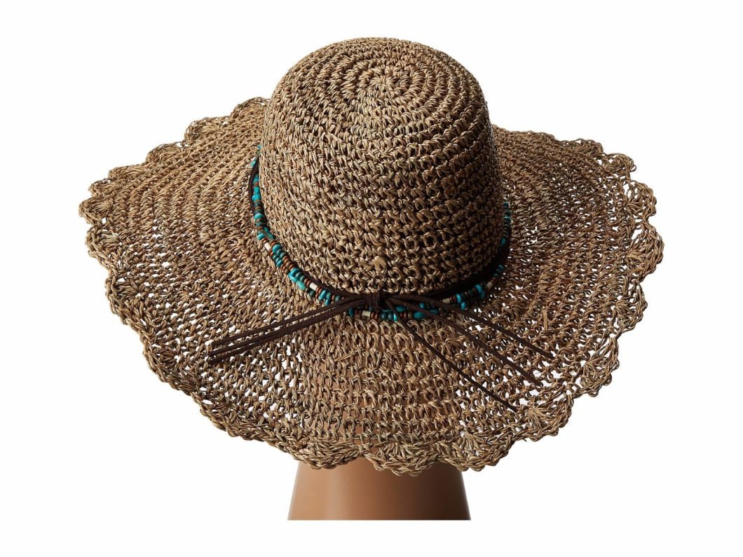 Straw Floppy Brim Crochet Seagrass Hat Leather Hatband with Beads