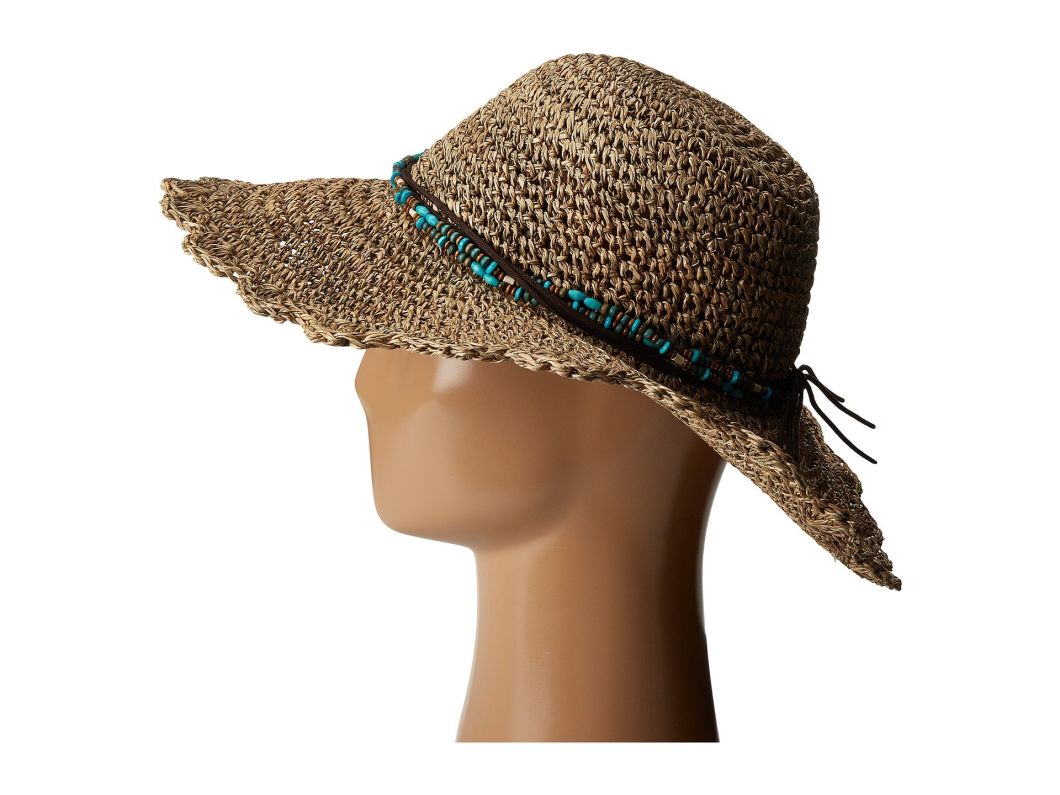 Straw Floppy Brim Crochet Seagrass Hat Leather Hatband with Beads