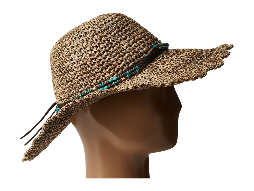 Straw Floppy Brim Crochet Seagrass Hat Leather Hatband with Beads