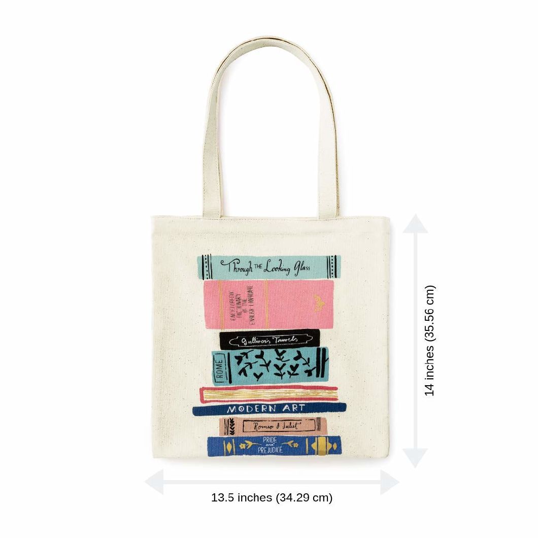 100% Cotton Simple New York Canvas Book Tote Bag Printed with Multicolored Stack of Books