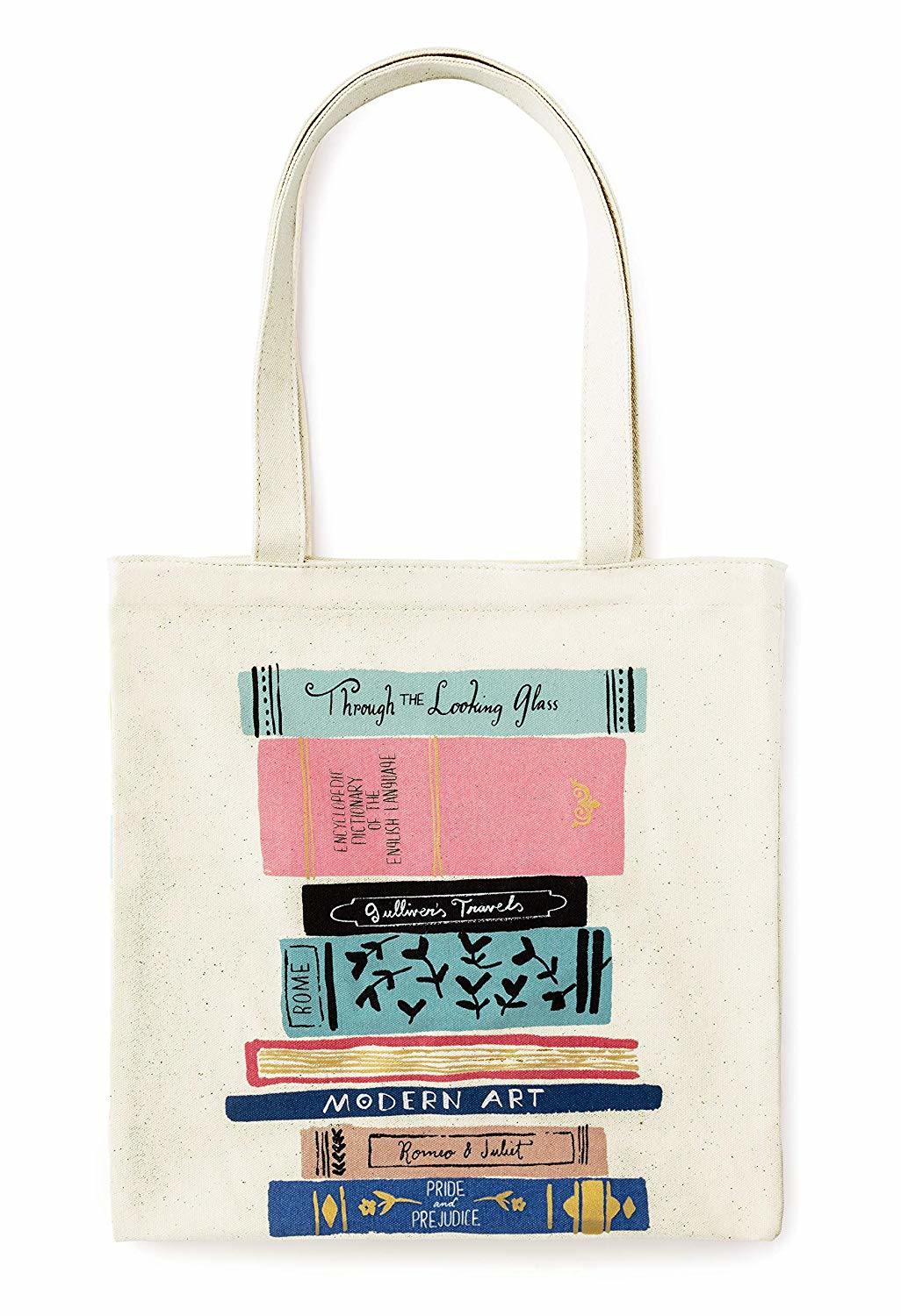 100% Cotton Simple New York Canvas Book Tote Bag Printed with Multicolored Stack of Books