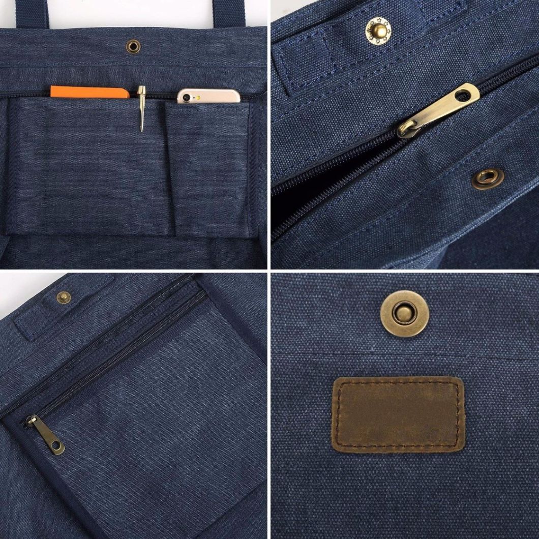 Sedex Audit Wholesale Durable Canvas Tote Bag Zip Top Closure with Press Stud Fastening for Women School Work Travel and Shopping