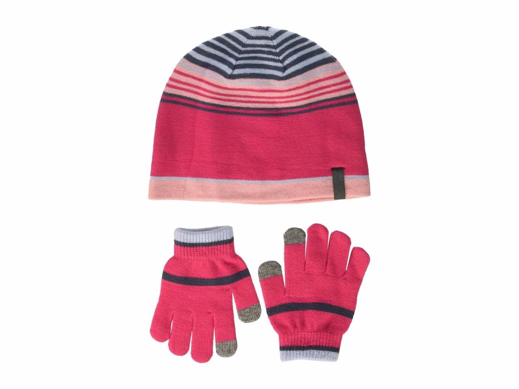 Acrylic Winter Unisex Warm Striped Beanie Knitted Hat Glove Sets