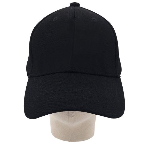 100% Cotton 6-Panel Black Baseball Cap with Elastic Band