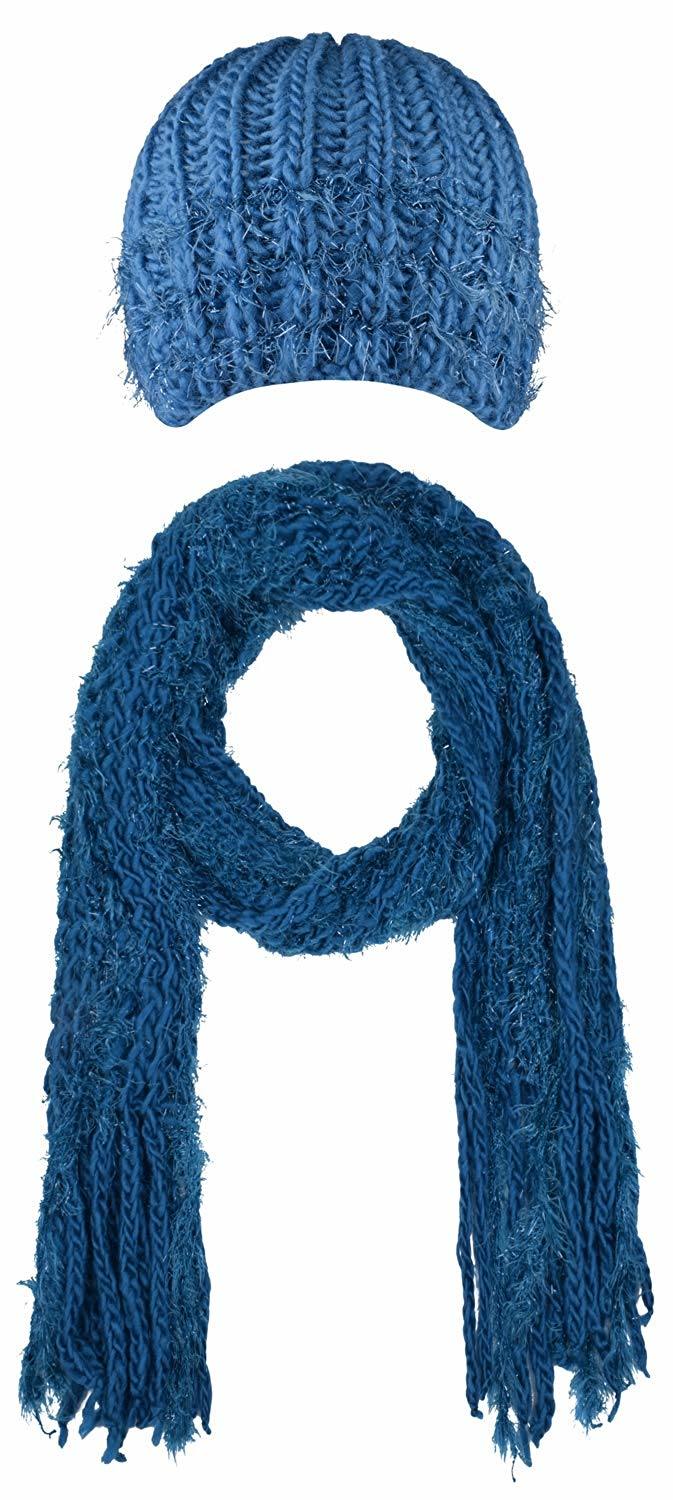 100% Acrylic Knit Warm Womens Winter Hats and Scarf Sets with Fringe
