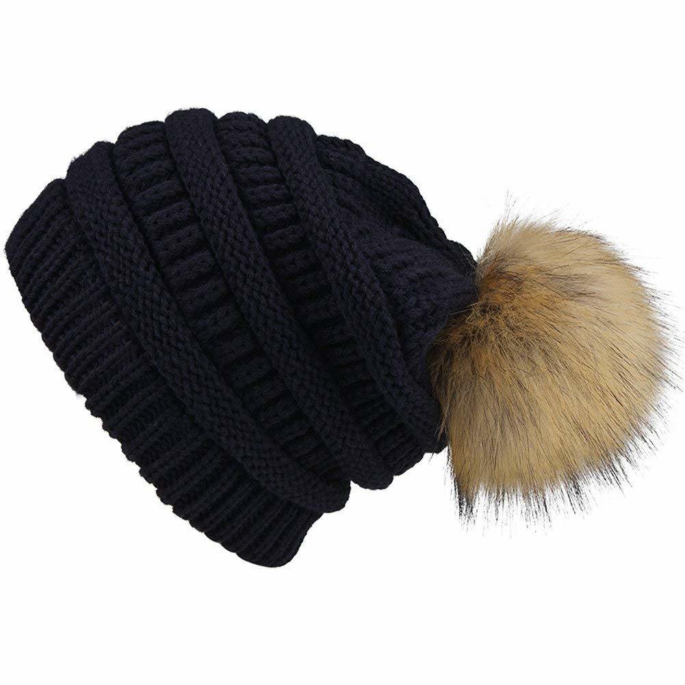 Acrylic Chunky Slouchy Beanie Knitted Fur POM Custom Bobble Hat