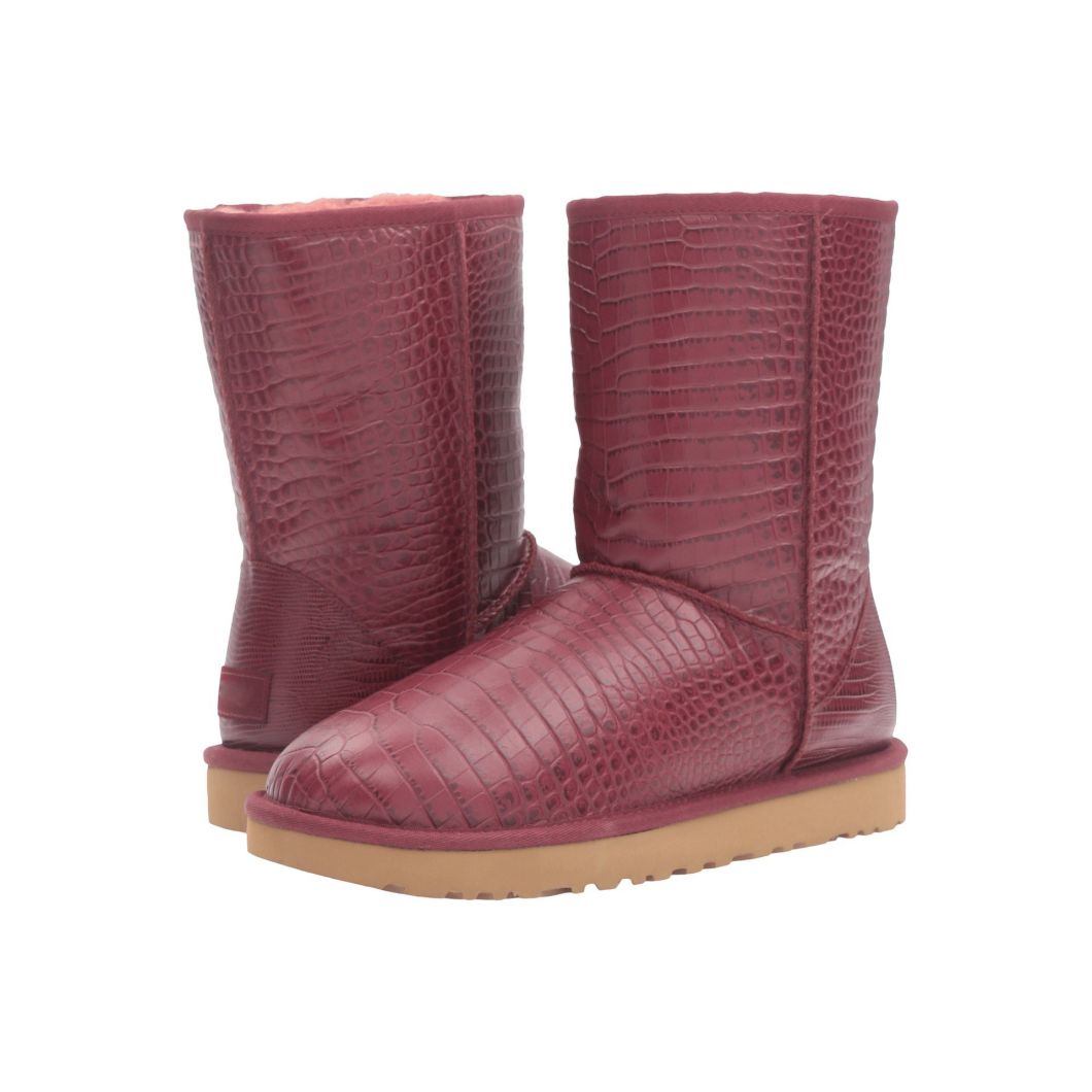 Red Women Embossed Plaid Pattern Ankle Fur Genuine Leather Snow Boots Winter Boots