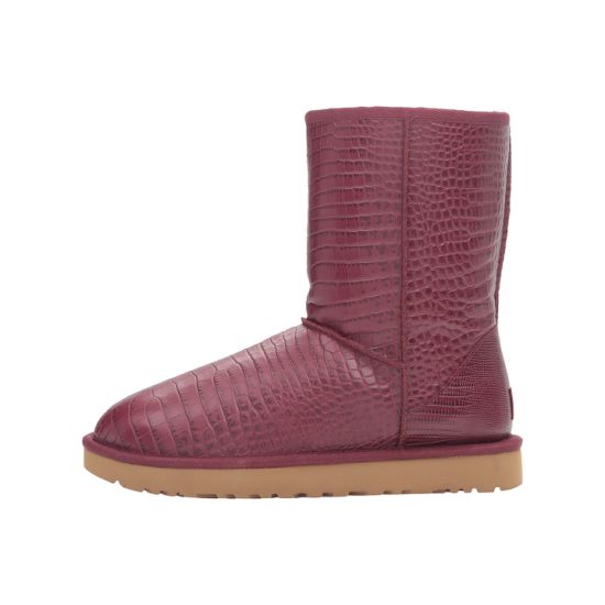 Red Women Embossed Plaid Pattern Ankle Fur Genuine Leather Snow Boots Winter Boots