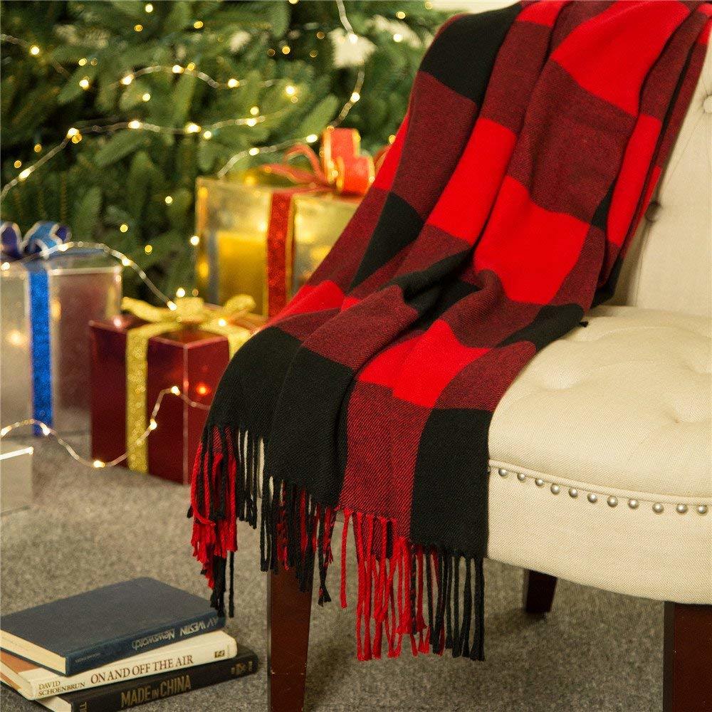 BSCI Audit Winter Warm Classic Red and Black Plaid Acrylic Woven Scarf