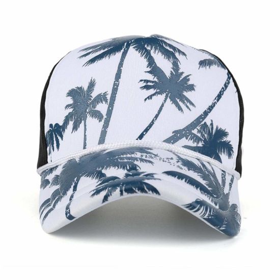 Sedex Audit 100% Polyester Mesh Trucker Cap Printing Coconut Tree