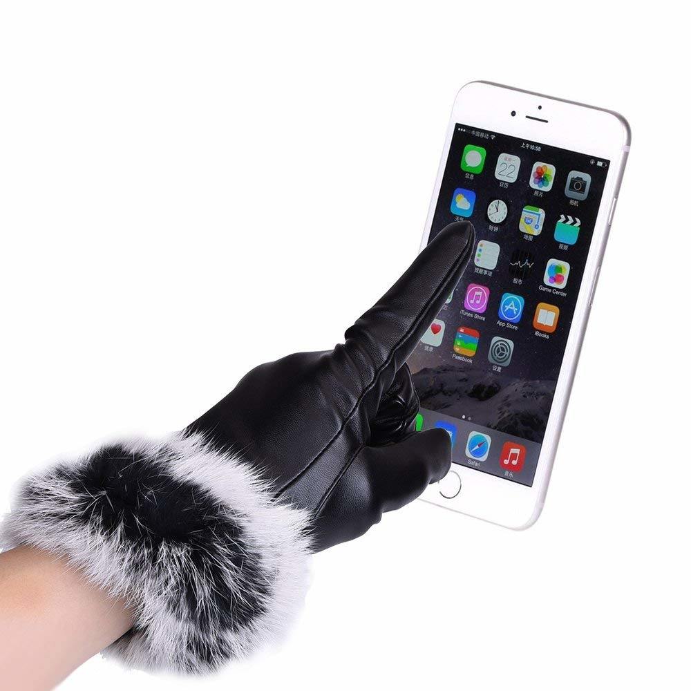 Custom PU Leather Touchscreen Windproof Waterproof Women Rabbit Fur Gloves