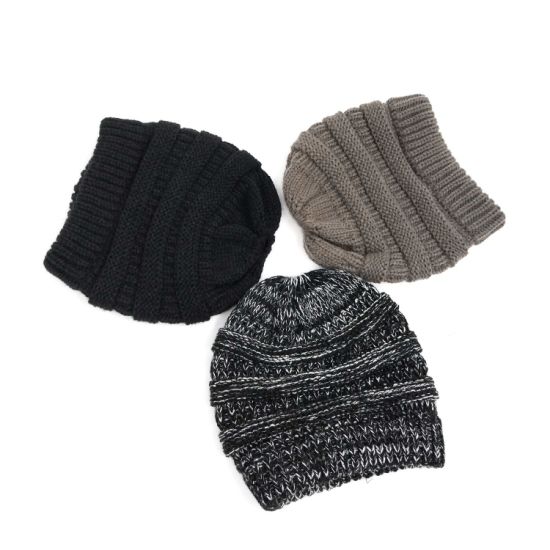 Acrylic Outdoor Winter Warm Stretch Cable Knitted Ponytail Beanie Hat