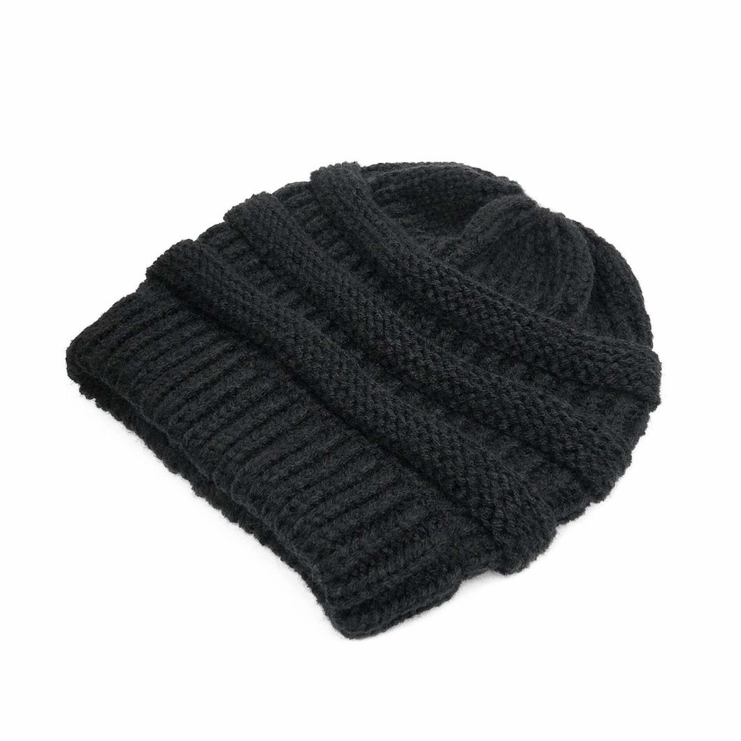 Acrylic Outdoor Winter Warm Stretch Cable Knitted Ponytail Beanie Hat