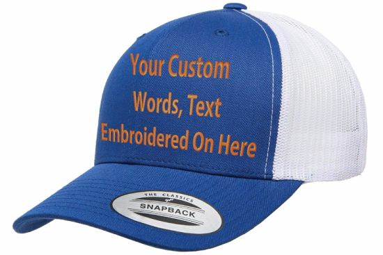 Custom Curved Bill Snapback Trucker Cap Personalized with Embroidered Text Logo