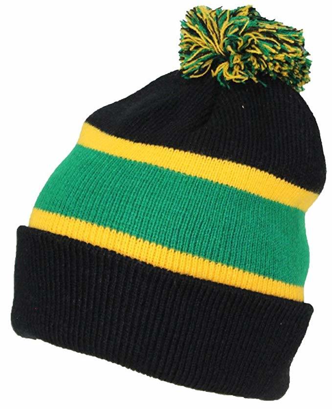Acrylic Rugby Knit Striped Cuff Slouch Double-Layer Beanie Hat with POM POM
