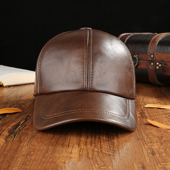 Wholesale Custom 6 Panel Black Adjustable Vintage Genuine Leather Baseball Cap