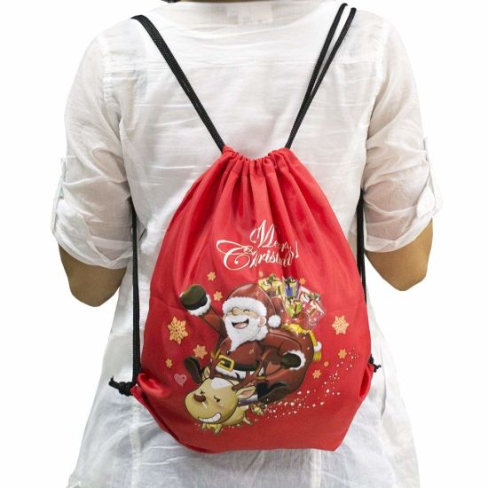 Wholesale Nylon Durable Printing Folding Christmas Drawstring Bag Santa Gifts Sack Backpack