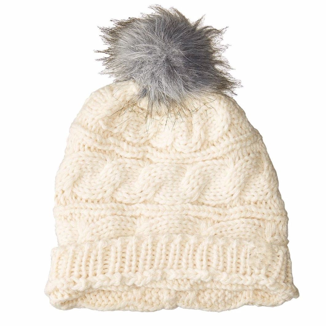 100% Acrylic Winter Warm Ribbed Edge Beanie Knitted Slouchy Pompoms Fur Hat