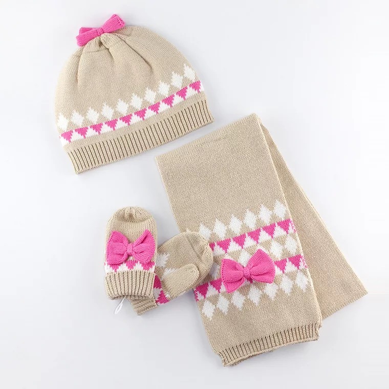 Custom Acrylic Embroidery Lovely Soft Knit Hat Glove Scarf Set