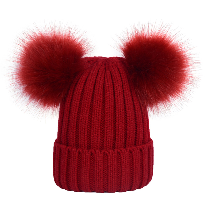 Acrylic Custom Winter Warm Beanie Knitted Double Pompom Hat