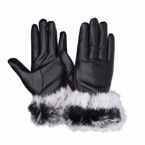 Custom PU Leather Touchscreen Windproof Waterproof Women Rabbit Fur Gloves