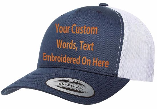 Custom Curved Bill Snapback Trucker Cap Personalized with Embroidered Text Logo