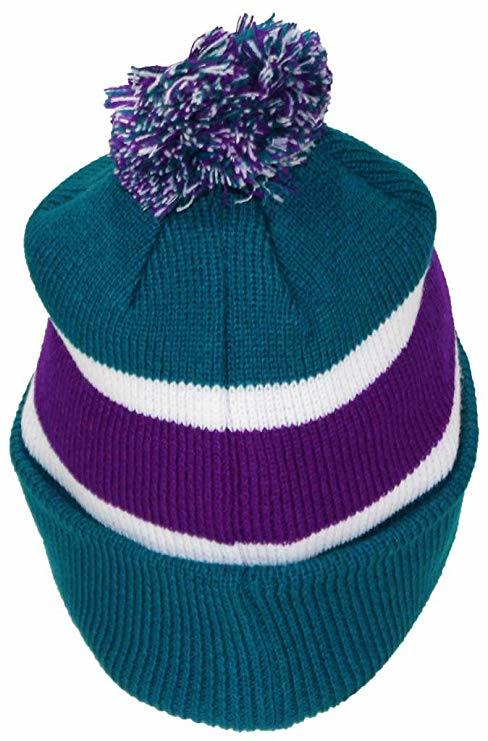 Acrylic Rugby Knit Striped Cuff Slouch Double-Layer Beanie Hat with POM POM