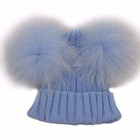 Toddler Beanie Knitted Fur Raccoon Hat with Double Big Ball Pompom for Baby Children