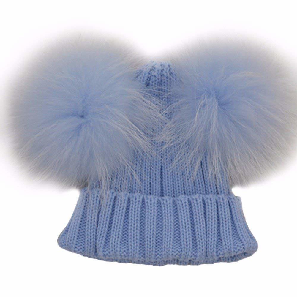 Toddler Beanie Knitted Fur Raccoon Hat with Double Big Ball Pompom for Baby Children