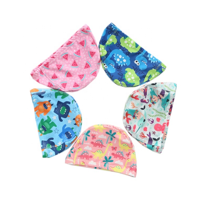 Promotional Beach Hat Custom Kid Cartoon Swimwear Fashion Lycra Swim Cap with Nylon