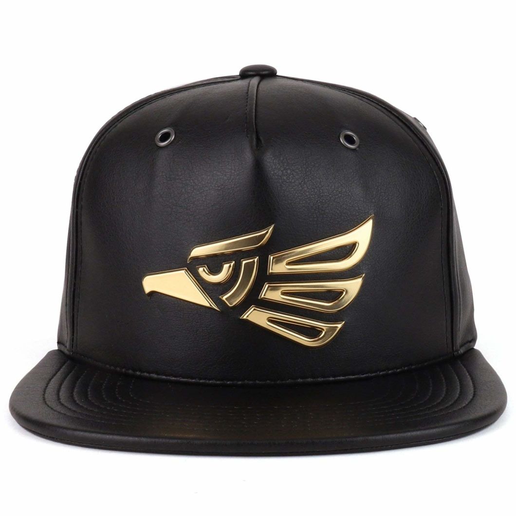 Adjustable 5-Panel Gold Metal 3D High Frequency Logo PU Leather Snapback Cap Embroidered