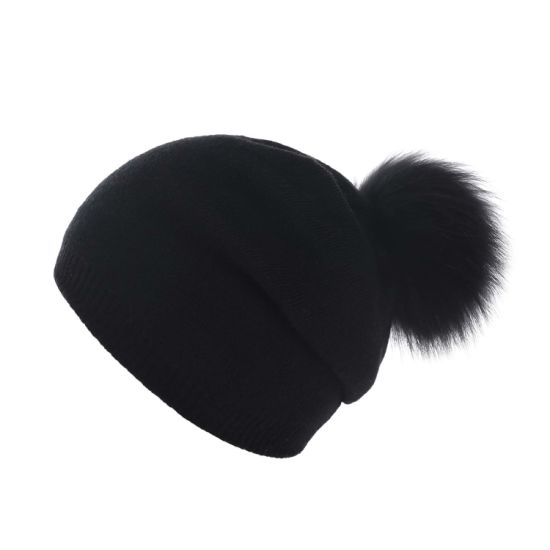 Wholesale Winter Women Warm Knitted Acrylic Real Fur Hat with Removable POM POM