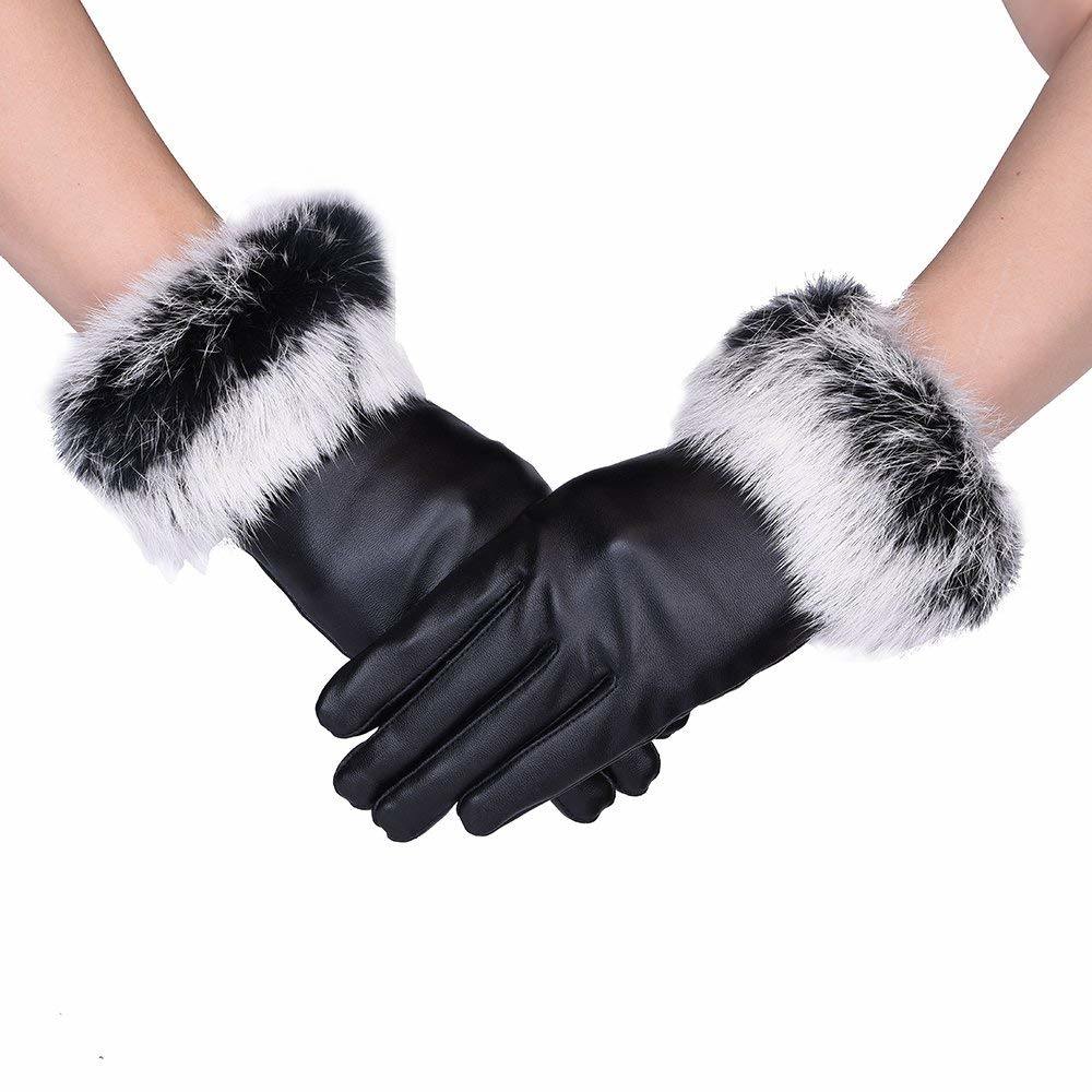 Custom PU Leather Touchscreen Windproof Waterproof Women Rabbit Fur Gloves