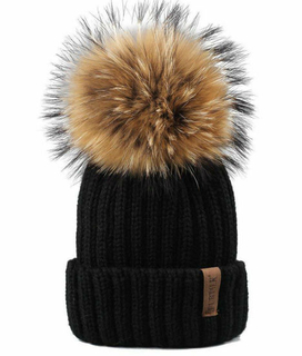 Winter Real Raccoon Fur POM Warm Knit Beanie Hat Pompom