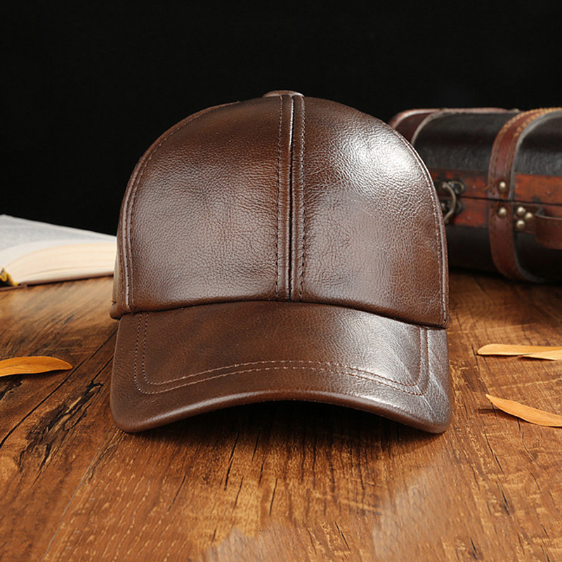 Wholesale Custom 6 Panel Black Adjustable Vintage Genuine Leather Baseball Cap