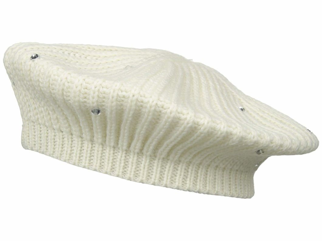 Acrylic Knitted Beret Hat with Crystal Detailing for Ladies Women