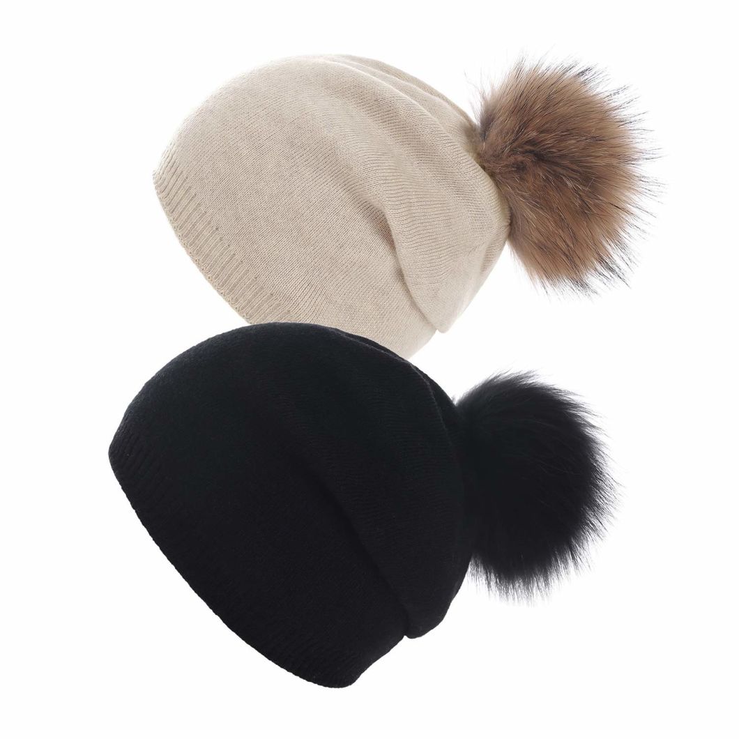 Wholesale Winter Women Warm Knitted Acrylic Real Fur Hat with Removable POM POM