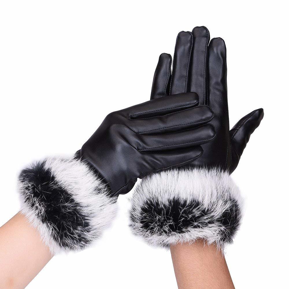 Custom PU Leather Touchscreen Windproof Waterproof Women Rabbit Fur Gloves