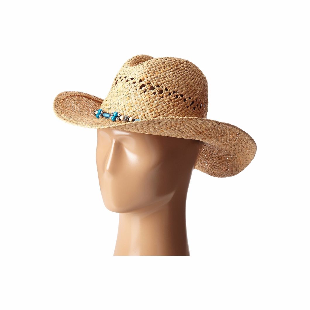 Hatband Featuring Turquoise Silver-Tone White Beads Breathable Straw Cowgirl Hat