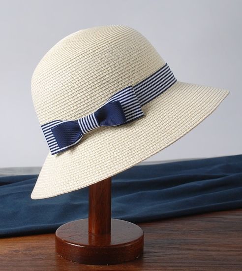 Custom Lady Plain Summer Women Straw Hat with Ribbon Bowknot