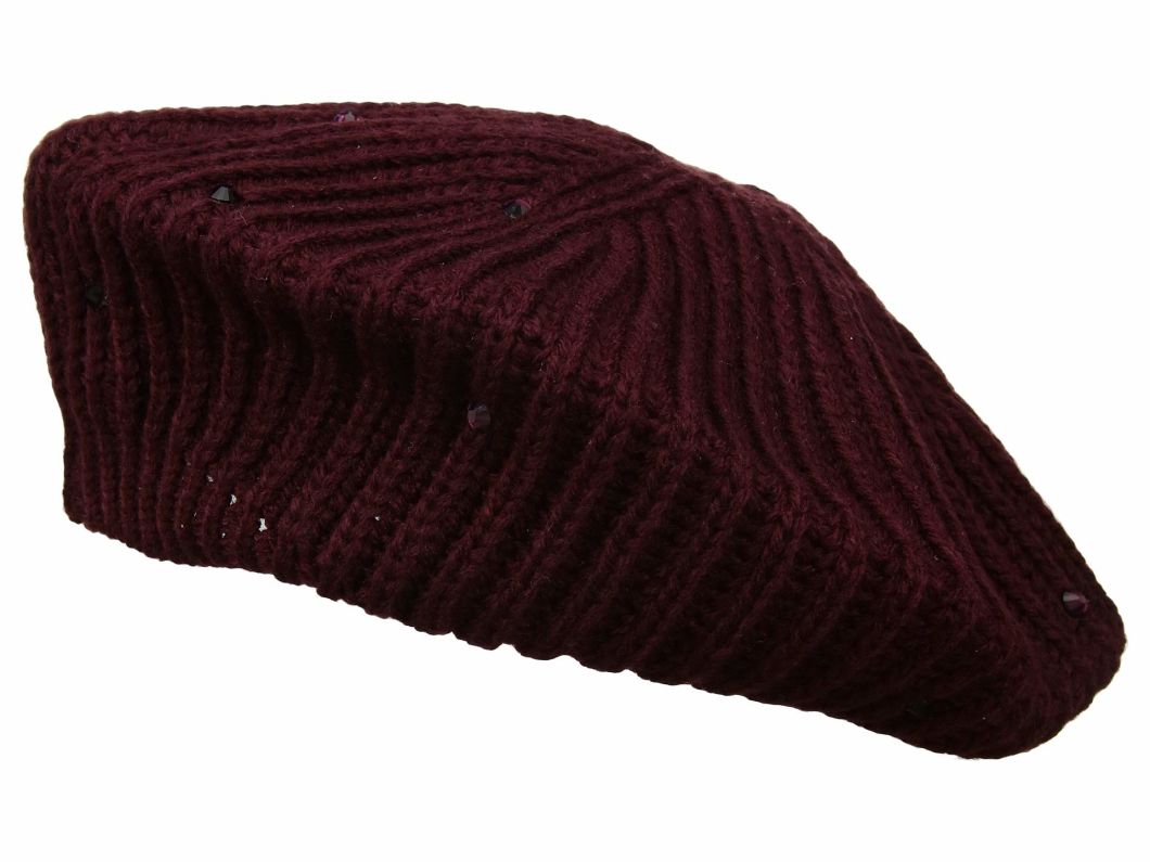Acrylic Knitted Beret Hat with Crystal Detailing for Ladies Women