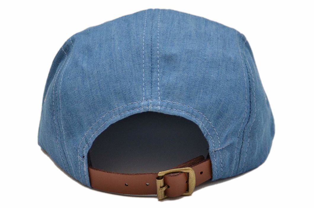 BSCI Audit 5 Panel Baseball Cap with Genuine Leather Strap Patch Logo