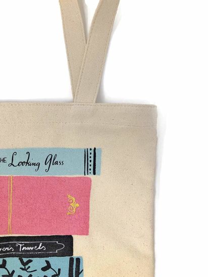 100% Cotton Simple New York Canvas Book Tote Bag Printed with Multicolored Stack of Books