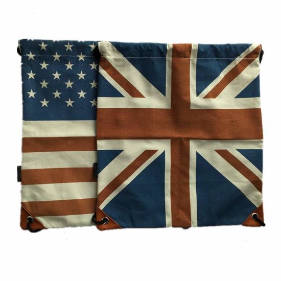 Sedex Audit Wholesale Custom Man Women Flag Pattern Hemp Drawstring Bag with Durable Canvas and Cotton for Gym Sports Books Small Laptop