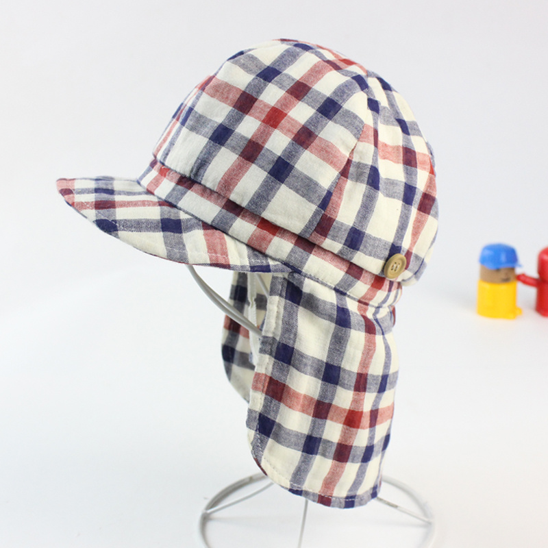 Check Gingham Summer Beach Swim Sun Protection Neck Shade Flap Hat Cap for Toddler Kids
