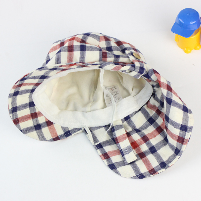 Check Gingham Summer Beach Swim Sun Protection Neck Shade Flap Hat Cap for Toddler Kids
