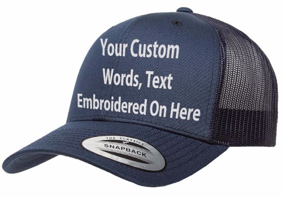Custom Curved Bill Snapback Trucker Cap Personalized with Embroidered Text Logo