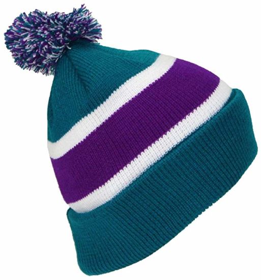 Acrylic Rugby Knit Striped Cuff Slouch Double-Layer Beanie Hat with POM POM