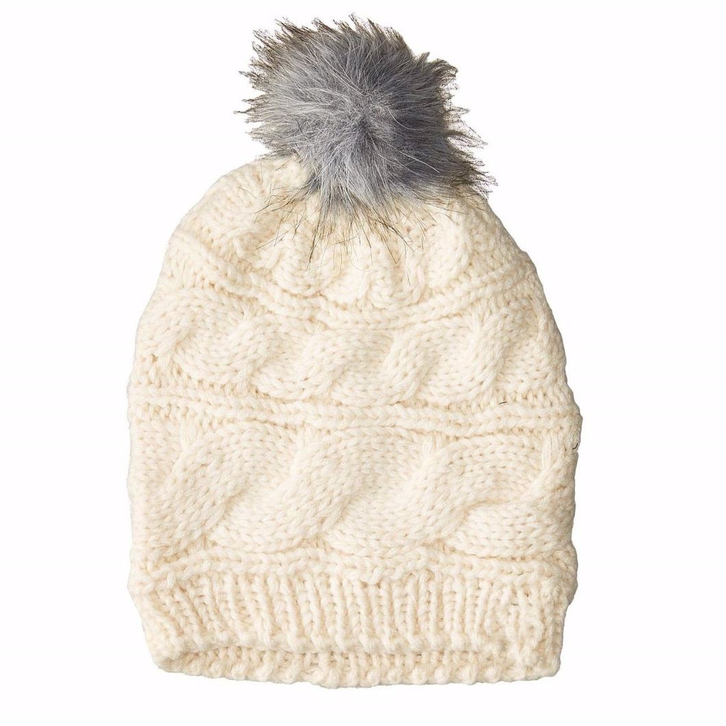 100% Acrylic Winter Warm Ribbed Edge Beanie Knitted Slouchy Pompoms Fur Hat